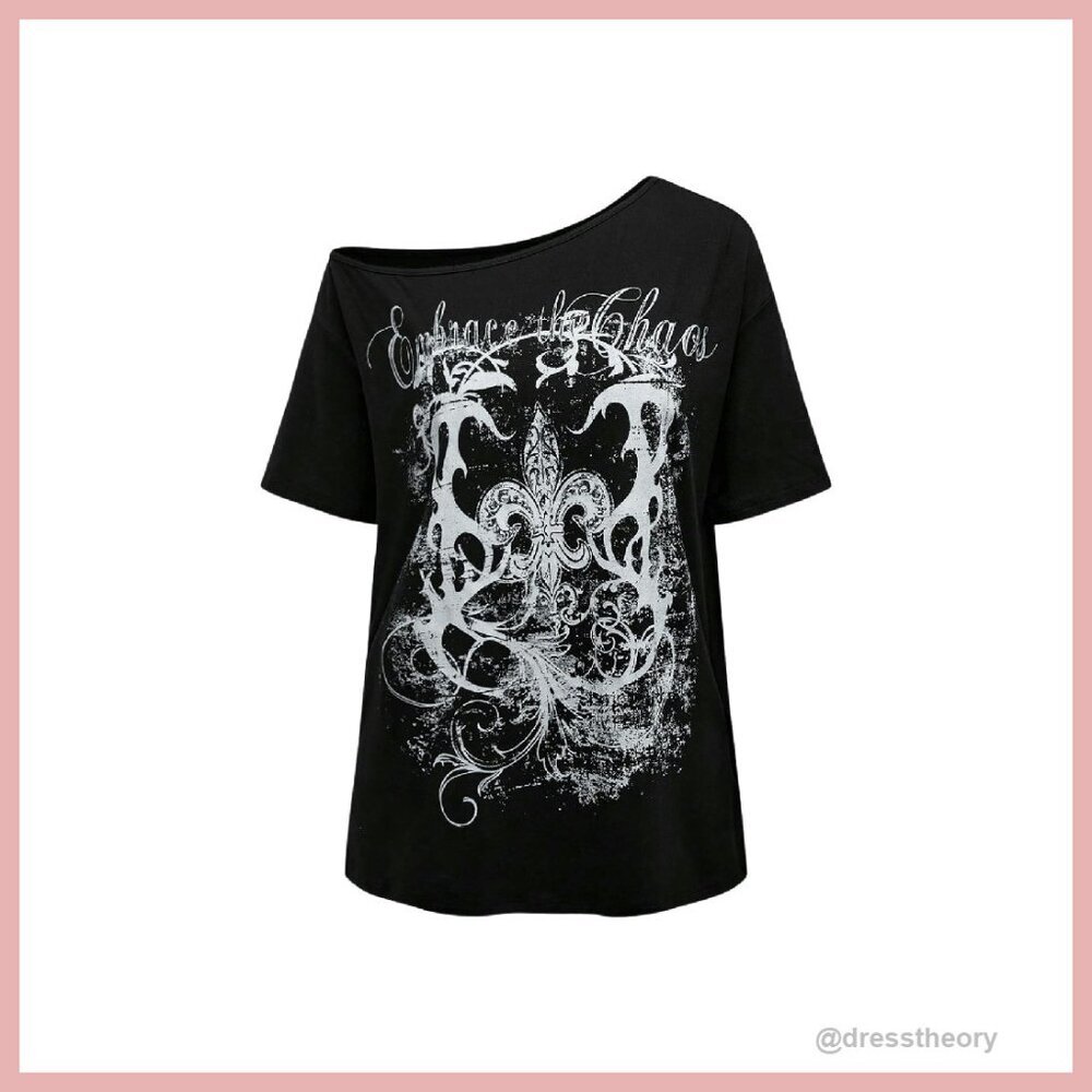 Vintage Off Shoulder Graphic Tee Oversized Fit Y2K Streetwear Top